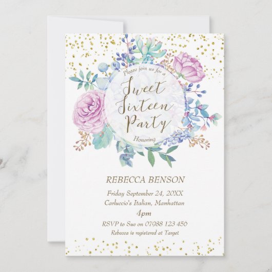 甘い16招待は多肉フェイク金ゴールド紙吹雪 招待状 (正面)