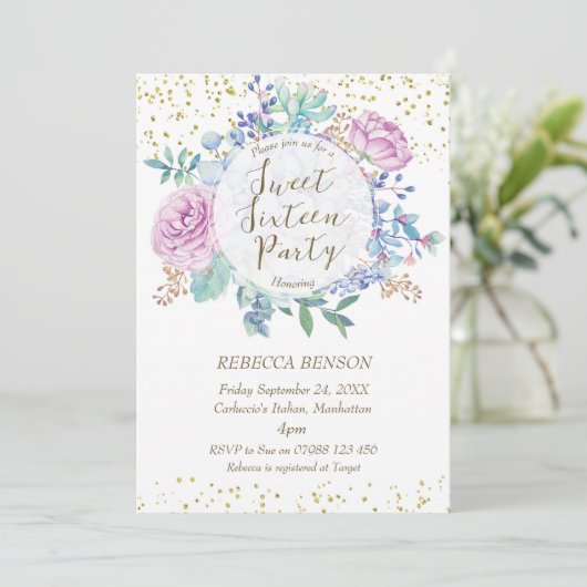 甘い16招待は多肉フェイク金ゴールド紙吹雪 招待状 (スタンド正面)