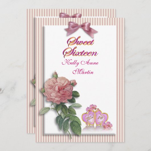 甘い16招待ピンクローズとストライプ 招待状 (正面/裏面)