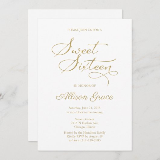 甘い16招待状エレガント金ゴールド書 招待状 (正面/裏面)