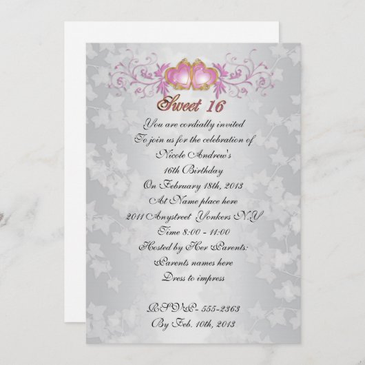 甘い16招待状サテンルックとピンクハート 招待状 (正面/裏面)