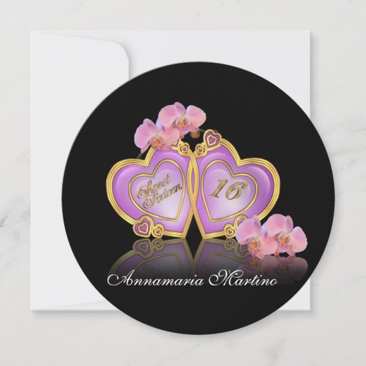 甘い16招待状ピンクと黒のラウンド 招待状 (正面)