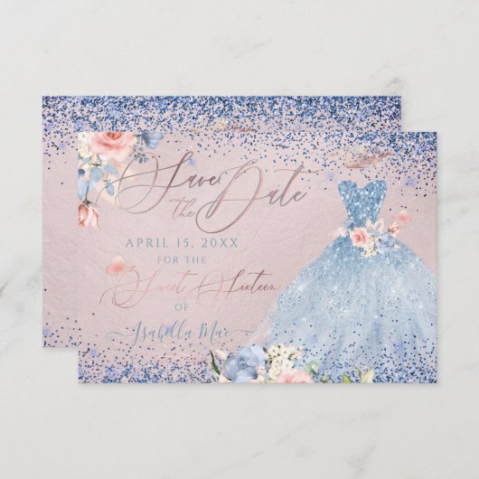 甘い16日付を保存ダスティブルーガウン招待状 招待状 (正面/裏面)