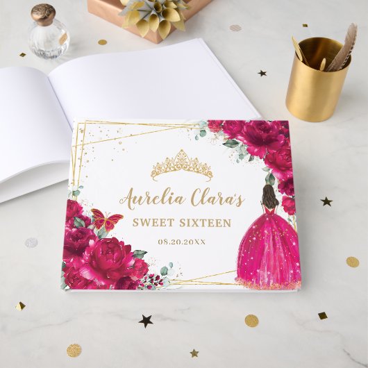 甘い16明るい赤紫色ホットピンクフローラ花プリンセス ゲストブック (正面見開き)