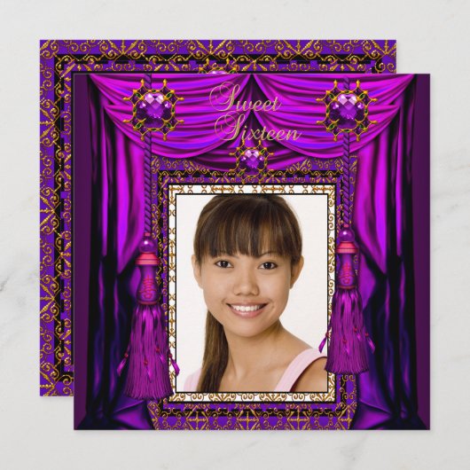 甘い16歳16歳の誕生日パーティパープルピンク金ゴールド 招待状 (正面/裏面)