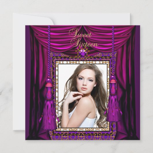 甘い16歳16歳の誕生日パーティパープルピンク金ゴールド 招待状 (正面)