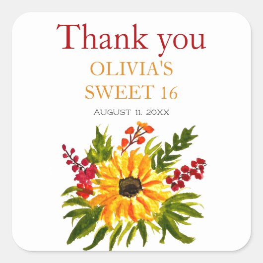 甘い16歳16歳の誕生日パーティーひまわり国 スクエアシール (正面)