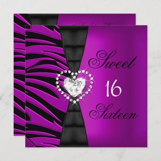甘い16歳16歳の誕生日パーティーピンクプラムゼブラ 招待状 (正面/裏面)