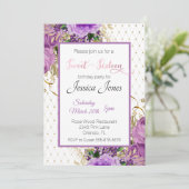 甘い16歳16歳の誕生日パーティーフローラパープルピンク 招待状 (スタンド正面)