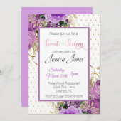 甘い16歳16歳の誕生日パーティーフローラパープルピンク 招待状 (正面/裏面)