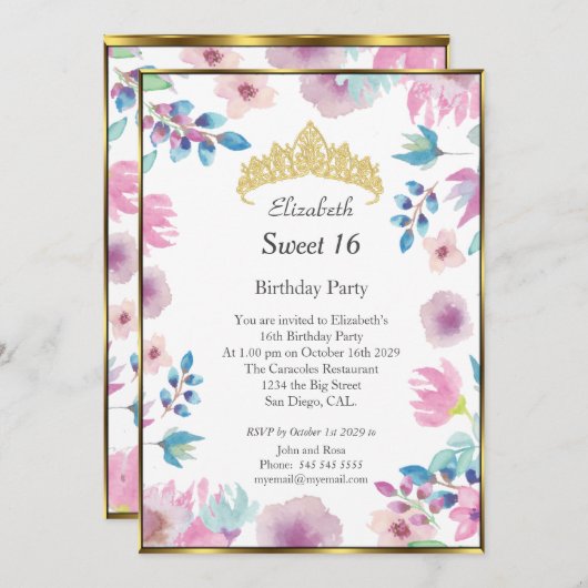 甘い16歳16歳の誕生日パーティーフローラ花 招待状 (正面/裏面)