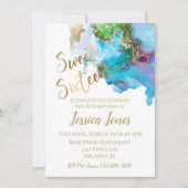 甘い16歳16歳の誕生日パーティー金ゴールド水色 招待状 (正面)