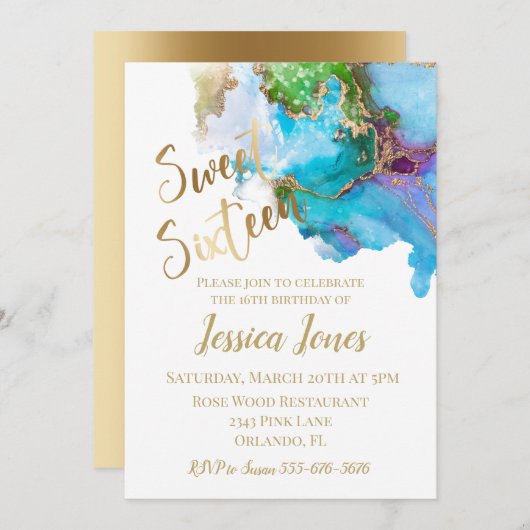 甘い16歳16歳の誕生日パーティー金ゴールド水色 招待状 (正面/裏面)