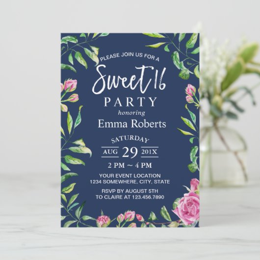 甘い16水エレガント色フローラネイビーブルー 招待状 (スタンド正面)