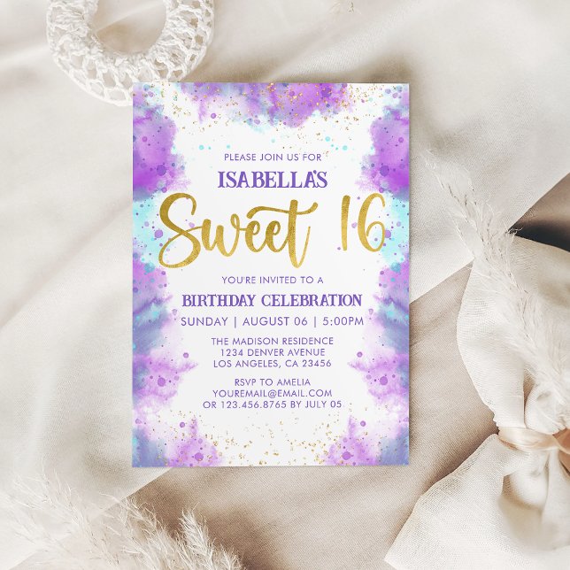 甘い16水彩パープル金ゴールド招待状 (Sweet 16 Watercolor Purple Gold Invitation
)