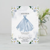 甘い16水色の花ドレスベビーブルーシルバー 箔招待状 (立ち正面)