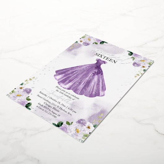 甘い16水色の花ドレス紫の銀 箔招待状 (回転した状態)