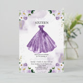 甘い16水色の花ドレス紫の銀 箔招待状 (立ち正面)