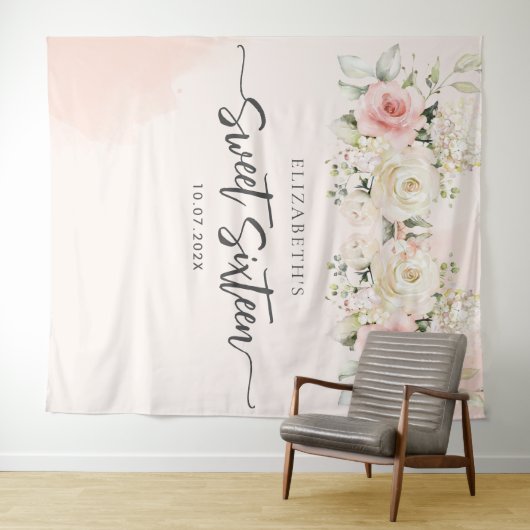 甘い16水色ピンクフローラ誕生日背景 タペストリー (インサイチュ(横))