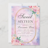 甘い16水色ピンク&ホワイトフローラ誕生日 招待状 (正面)