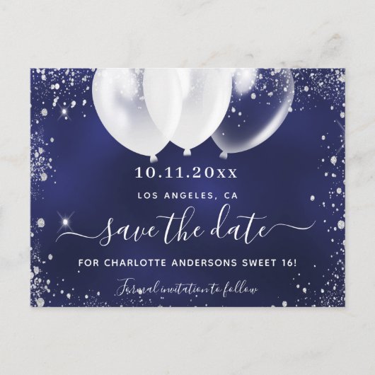 甘い16海軍の青い白いバルーンは、日付を保存 案内ポストカード (正面)