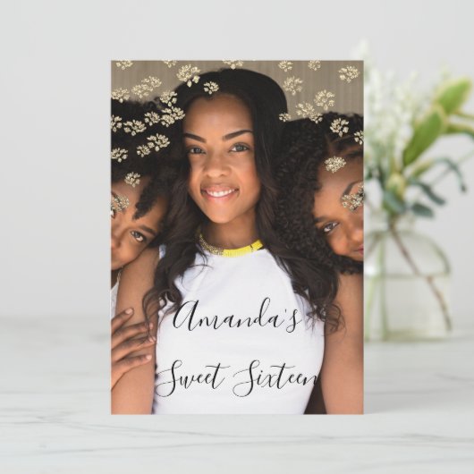 甘い16番目のピンクの花の金ゴールドグラデーションフォトグレー 招待状 (スタンド正面)