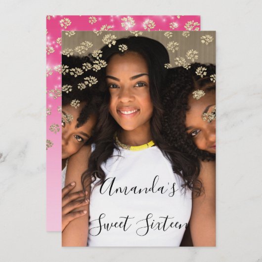 甘い16番目のピンクの花の金ゴールドグラデーションフォトグレー 招待状 (正面/裏面)