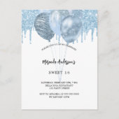 甘い16白い青のバルーングリッタードリップ インビテーションポストカード (正面)