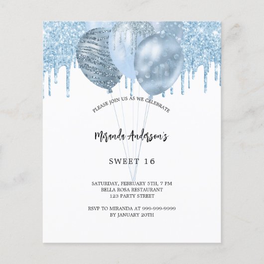 甘い16白い青のバルーン予算の招待 チラシ (正面)