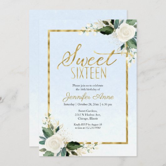 甘い16白フローラオンダスティブルー 招待状 (正面/裏面)