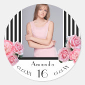 甘い16白黒ストライプの花の写真 ラウンドシール (正面)