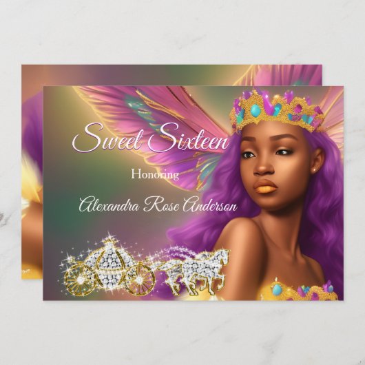 甘い16童話パープルピンク金ゴールドキャリッジ 招待状 (正面/裏面)