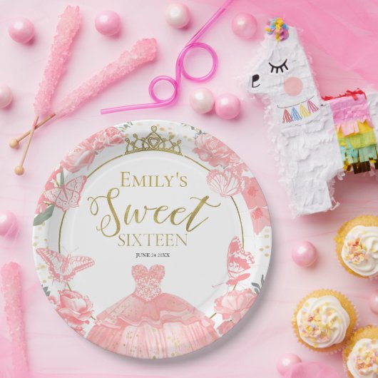 甘い16紙プレートバタフライピンクドレスフローラ ペーパープレート (パーティー)