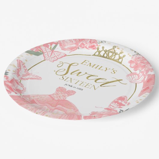 甘い16紙プレートバタフライピンクドレスフローラ ペーパープレート (アングル)