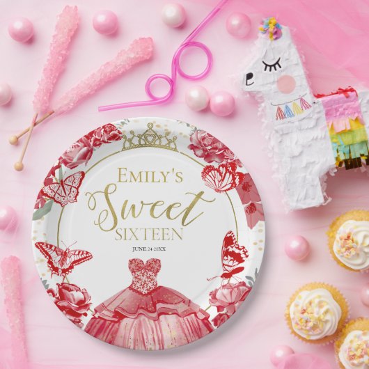 甘い16紙プレートバタフライレッドドレスフローラ ペーパープレート (パーティー)