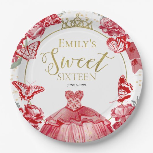 甘い16紙プレートバタフライレッドドレスフローラ ペーパープレート (正面)