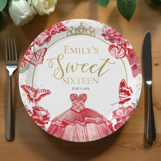 甘い16紙プレートバタフライレッドドレスフローラ ペーパープレート