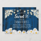 甘い16素朴デイジー花ストリングライトネイビー 招待状 (正面/裏面)