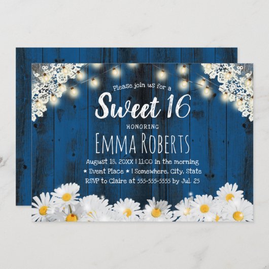 甘い16素朴デイジー花ストリングライトネイビー 招待状 (正面/裏面)