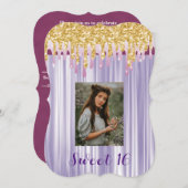 甘い16紫のシルクと金ゴールド滴下写真 招待状 (正面/裏面)