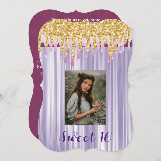 甘い16紫のシルクと金ゴールド滴下写真 招待状 (正面/裏面)