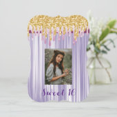 甘い16紫のシルクと金ゴールド滴下写真 招待状 (スタンド正面)