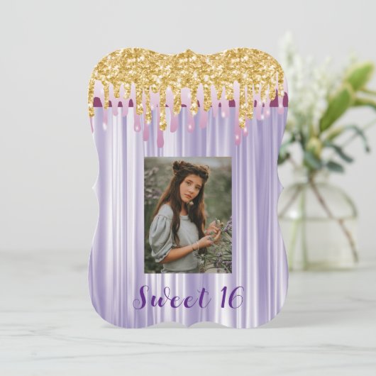 甘い16紫のシルクと金ゴールド滴下写真 招待状 (スタンド正面)