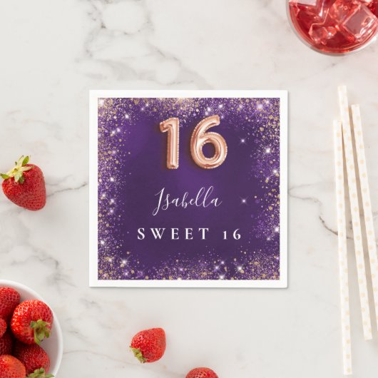 甘い16紫のバラ金ゴールドのキラキラ名 スタンダードカクテルナプキン (インサイチュ)