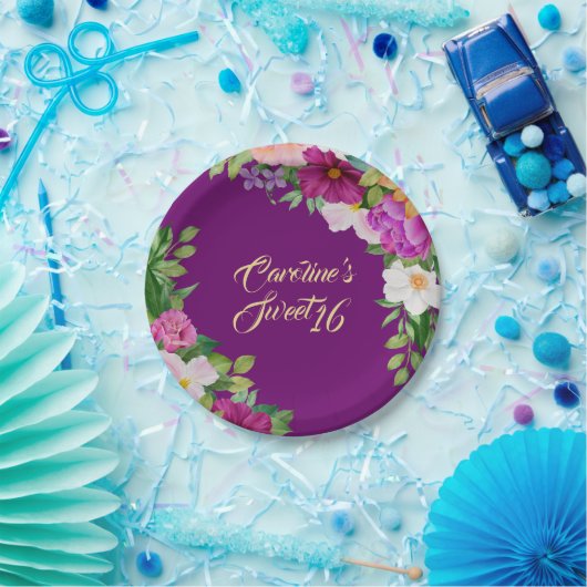 甘い16紫のフローラ水色ブーケかわいい ペーパープレート (パーティー)