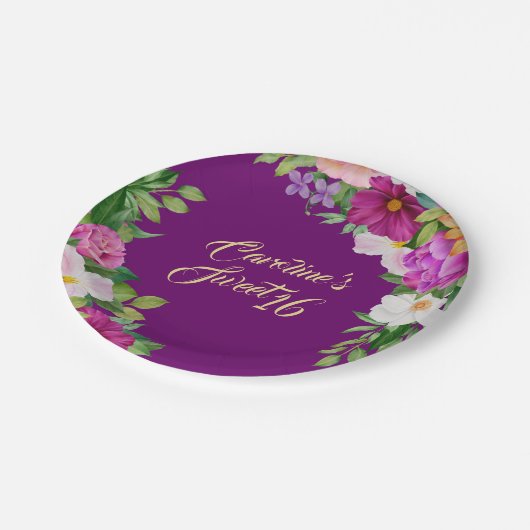 甘い16紫のフローラ水色ブーケかわいい ペーパープレート (アングル)