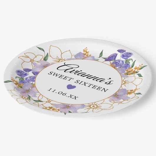 甘い16紫の金ゴールドフローラパーティー ペーパープレート (アングル)