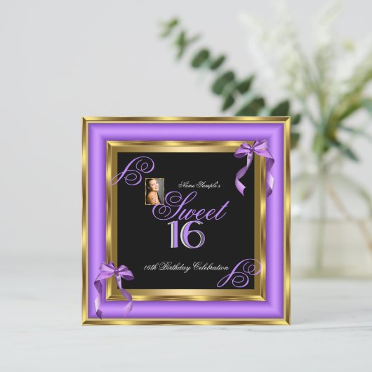 甘い16紫の金ゴールド写真16th誕生日パーティー 招待状 (スタンド正面)
