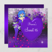 甘い16紫の16紫のハート妖精ピンクの星 招待状 (正面/裏面)