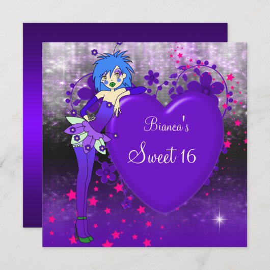 甘い16紫の16紫のハート妖精ピンクの星 招待状 (正面/裏面)